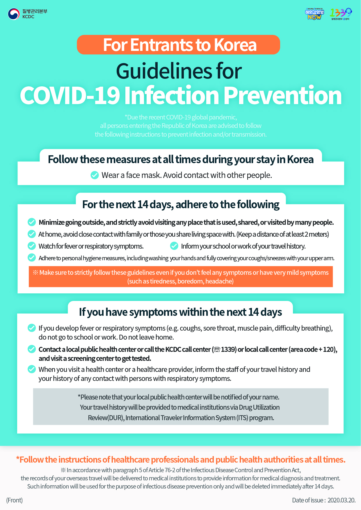 For Entrants to Korea Guidelines for COVID-19 Infection Prevention