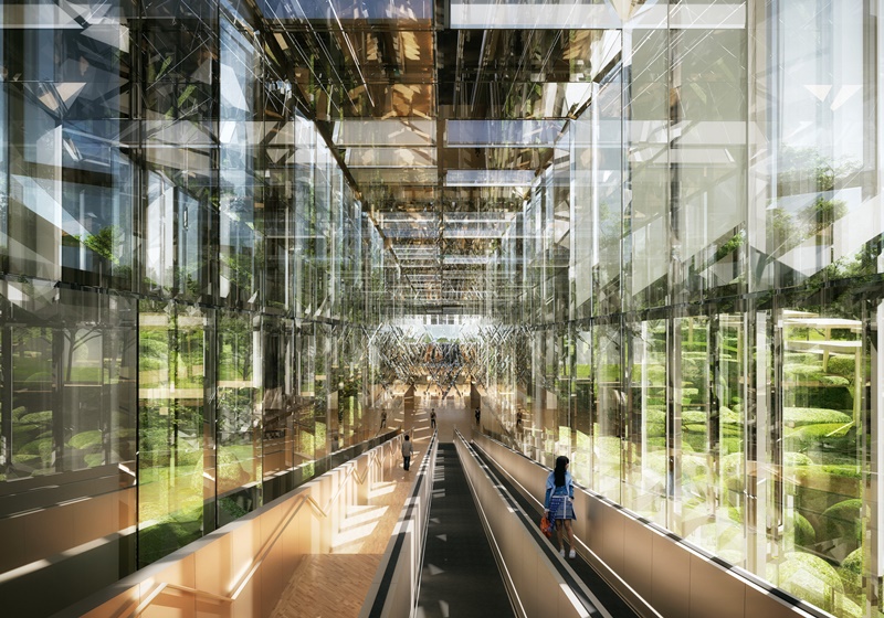 Les escalators sous les faisceaux lumineux
