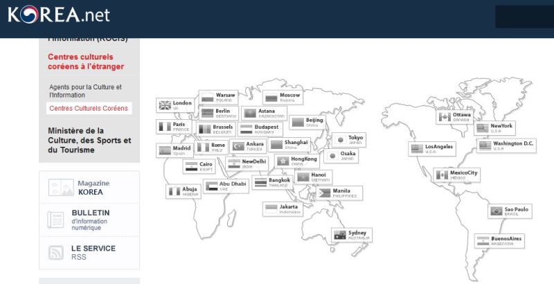 Répartition des Centres Culturels Coréens dans le monde . (Copie écran / voir lien en bas de page)