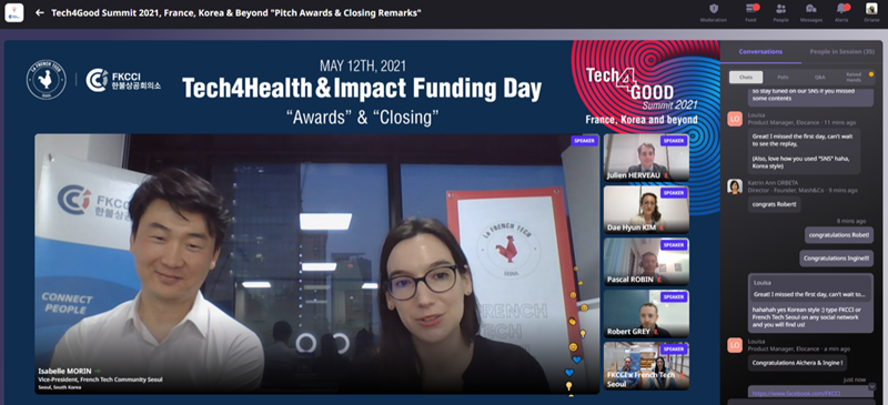 Tech4Good Summit 2021. « Pitch Awards & Closing Remarks ». Isabelle Morin, Vice-President French Tech Seoul & Cédric Legrand, Directeur, French Korean Chamber of Commerce and Industry. Ⓒ French Tech Community Seoul and the French Korean Chamber of Commerce and Industry (FKCCI)