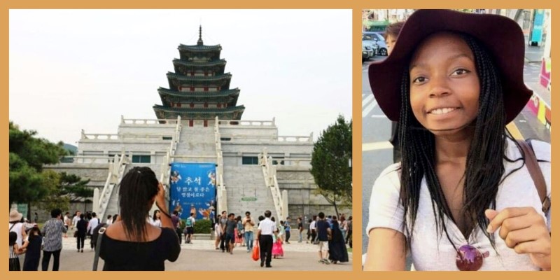 A gauche : Inès visite le palace Gyeongbokgung, à Séoul A droite : Inès se promène dans les rues de Hongdae, à Séoul