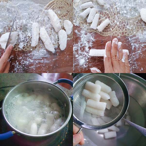 Chia khối bột thành các phần nhỏ, dùng tay lăn đều cho bột thành hình trụ dài, dùng dao cắt nhỏ, sau đó bỏ những miếng bánh Tteok vừa cắt vào nồi nước sôi luộc chín. Tiếp đến vớt bánh để ráo trên một cái rây. (Ảnh: Vũ Đỗ Hải Hà)
