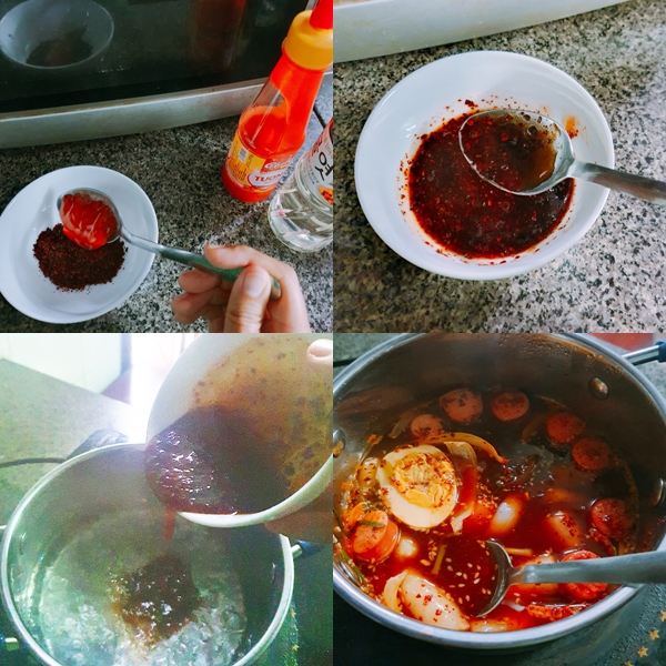 Chuẩn bị phần nước xốt, sau đó đổ vào nồi nước, nấu sôi. Tiếp đến bỏ bánh Tteok và các nguyên liệu vào nấu chín. (Ảnh: Vũ Đỗ Hải Hà)