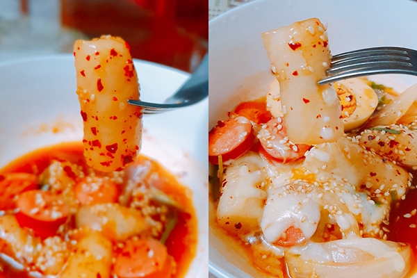 Phục vụ món Tteokbokki cơm nguội với phô mai mozzarella bào đun chảy, có thể ăn kèm Kimchi hay dưa muối tùy thích. (Ảnh: Vũ Đỗ Hải Hà)