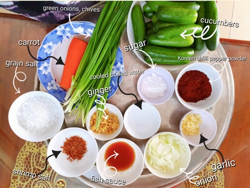 Toàn bộ nguyên liệu mình đã dùng để thực hiện món Kimchi dưa chuột. (Ảnh: Vũ Đỗ Hải Hà)