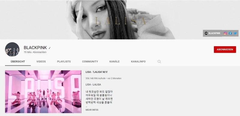 Die erfolgreichste Girlgroup BLACKPINK hat am 28. November auf ihrem offiziellen YouTube-Kanal den Rekord von 70 Millionen Abonnenten übertroffen. Foto: Screenshot vom YouTube-Kanl der Gruppe BLACK PINK