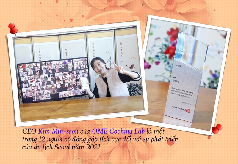 CEO Kim Min-seon từ OME Cooking Lab đã nhận được giải thưởng lớn vì có nhiều đóng góp tích cực đến sự phát triển du lịch Seoul trong năm 2021. (Ảnh: Trang Facebook của Kim Min-seon, Biên tập: Vũ Đỗ Hải Hà)