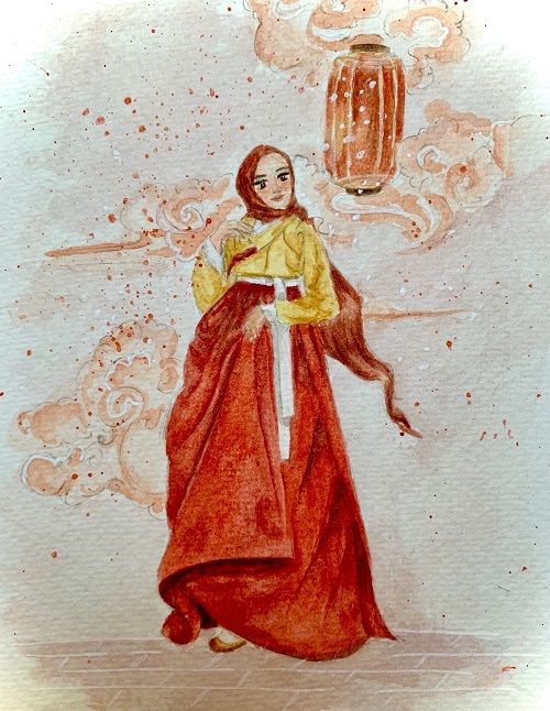 رسم ’امرأة التي تلبس الهانبوك‘.(الرسم من المراسلة الفخرية مريم قزبر)