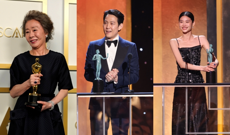 Diễn viên Youn Yuh-jung (trái), diễn viên Lee Jung-jae (giữa) và diễn viên Jung Ho-yeon (phải) là những gương mặt đã góp phần làm rạng danh ngành phim ảnh Hàn Quốc trên trường quốc tế. (Ảnh: Yonhap News)