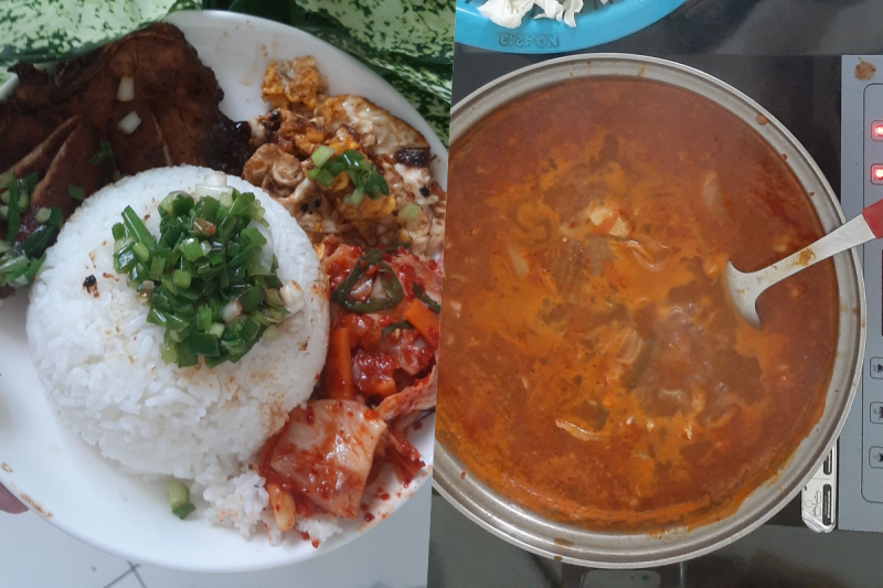 Kimchi với cơm tấm thịt sườn Việt Nam (trái) và canh Kimchi Hàn Quốc (phải). (Ảnh: Đào Mạnh Nghĩa)