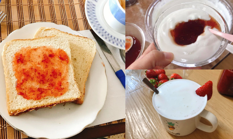 Các bạn hãy ăn bánh mì, sữa chua và sữa tươi với mứt dâu tây. (Ảnh: Nguyễn Mai Hạnh)