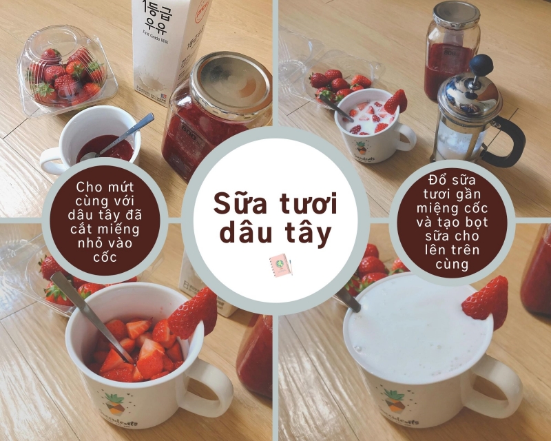 Cách làm sữa tươi dâu tây. (Ảnh: Nguyễn Mai Hạnh)
