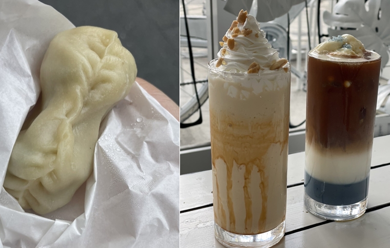 ピーナッツを使った餃子、シェイク（左）とオーシャンラテ（右）＝１４日、大阪、大野瑠香撮影