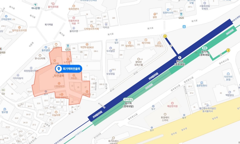 Vị trí “Ngõ bánh hành Hoegi-dong” trên bản đồ NAVER trực tuyến. (Ảnh: Chụp màn hình từ bản đồ NAVER)