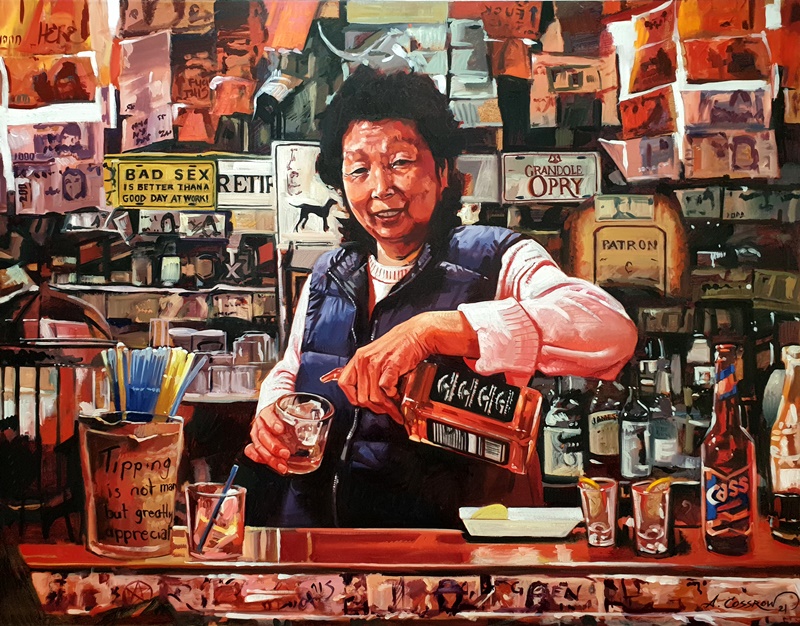 Huile sur toile réalisée pas Aaron Cossrow représentant « Mama Kim du bar Grand Ole Opry d'Itaewon ». (crédits photos : Aaron Cossrow)