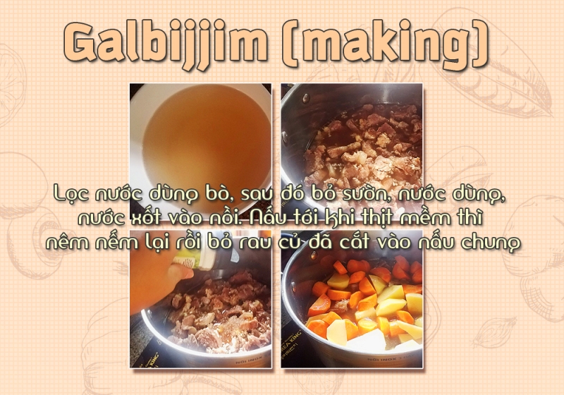 Sử dụng nước dùng bò đã lọc cặn nấu chung với sườn và nước xốt đã chuẩn bị, ninh tới khi sườn bò mềm thì nêm nếm bằng các gia vị phụ rồi bỏ khoai tây, cà rốt đã cắt vào nấu chung. (Ảnh: Vũ Đỗ Hải Hà)