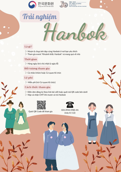 Poster hoạt động trải nghiệm Hanbok thú vị. (Ảnh: Trang Facebook chính thức của Trung tâm Văn hóa Hàn Quốc tại Việt Nam)