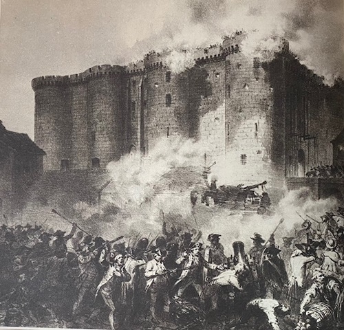 Photo N° 3 : Prise de la Bastille lithographie par Laraisse. Musée Carnavalet, Paris ( photo issue d’un ancien livre d’histoire scolaire)