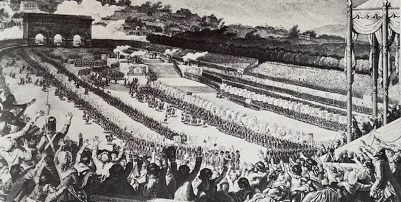 Photo N°5 : 14 juillet 1790 sur le Champs-de-Mars à Paris, fête de la Fédération nationale – des gradins ont été spécialement aménagés par le peuple lui-même, 200 000 bénévoles y ont participé, pour pouvoir accueillir l’évènement // Gravure d’époque.