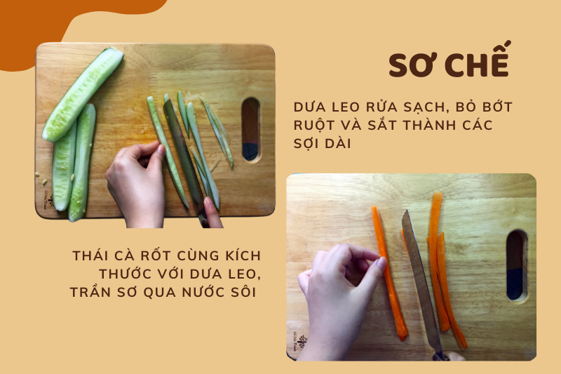 Ta thái sợi dài dưa leo và cà rốt. (Ảnh: Lưu Hoàng Nhi)
