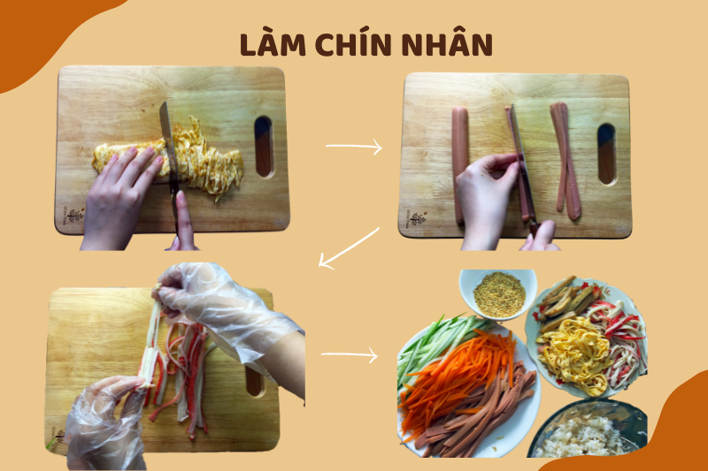 Chiên chín trứng rồi cắt nhỏ, đồng thời chiên spam, thái sợi xúc xích và xé nhỏ thanh cua. (Ảnh: Lưu Hoàng Nhi) 