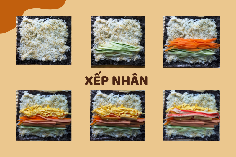 Lần lượt xếp nhân vào phần giữa của cơm. (Ảnh: Lưu Hoàng Nhi)