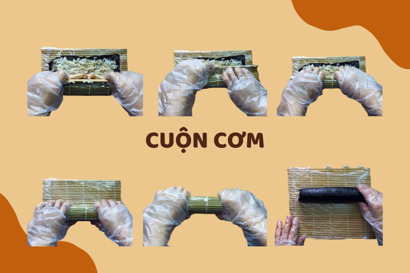 Cuộn tròn và chặt tay cuộn cơm. (Ảnh: Lưu Hoàng Nhi)