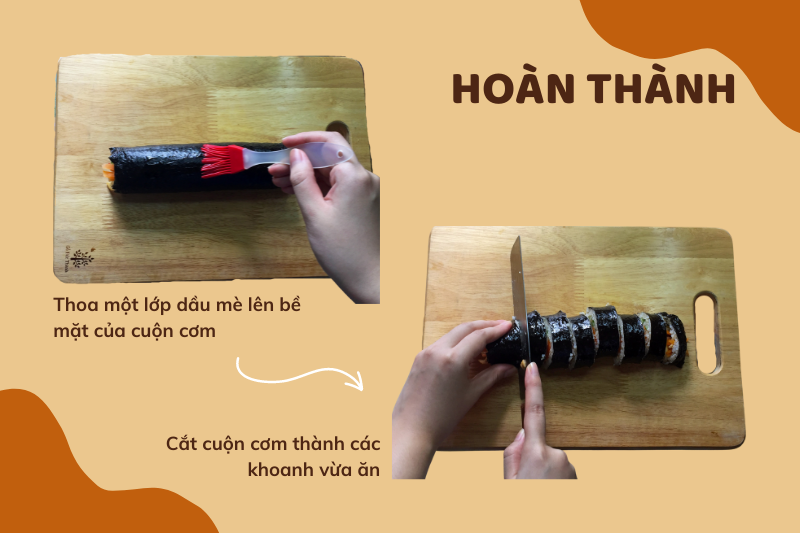 Thoa một lớp dầu mè lên bề mặt cuộn cơm và dao để dễ dàng cắt hơn. (Ảnh: Lưu Hoàng Nhi)
