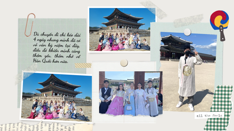 Tiến Huy cùng bạn bè quốc tế trải nghiệm mặc trang phục Hanbok truyền thống và tham quan tại Cung điện Gyeongbokgung giữa lòng thủ đô Seoul. (Ảnh: Nguyễn Tiến Huy / Biên tập: Phạm Thuỳ Trang)