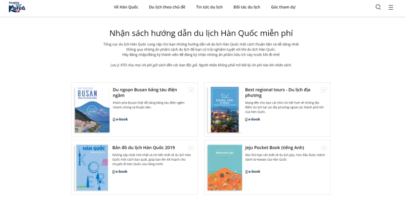 Bạn có thể tìm đọc hoặc đăng ký nhận sách trên trang chủ của Tổng cục Du lịch Hàn Quốc tại Việt Nam. (Ảnh: Chụp màn hình từ trang web chính thức của Tổng cục Du lịch Hàn Quốc tại Việt Nam)