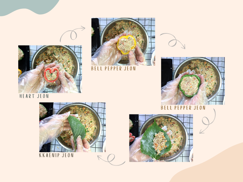 Lần lượt nhồi thịt vào rau củ và thanh cua. (Ảnh: Lưu Hoàng Nhi)