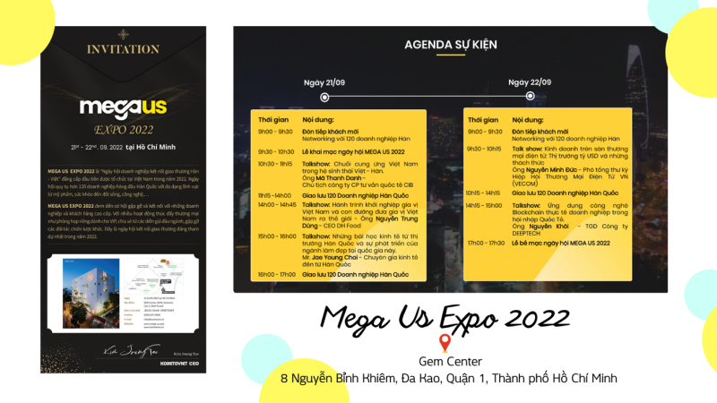 Thiếp mời và timeline sự kiện. (Ảnh: MEGA US EXPO 2022 ; Biên tập: Phùng Thị Thu Sang)