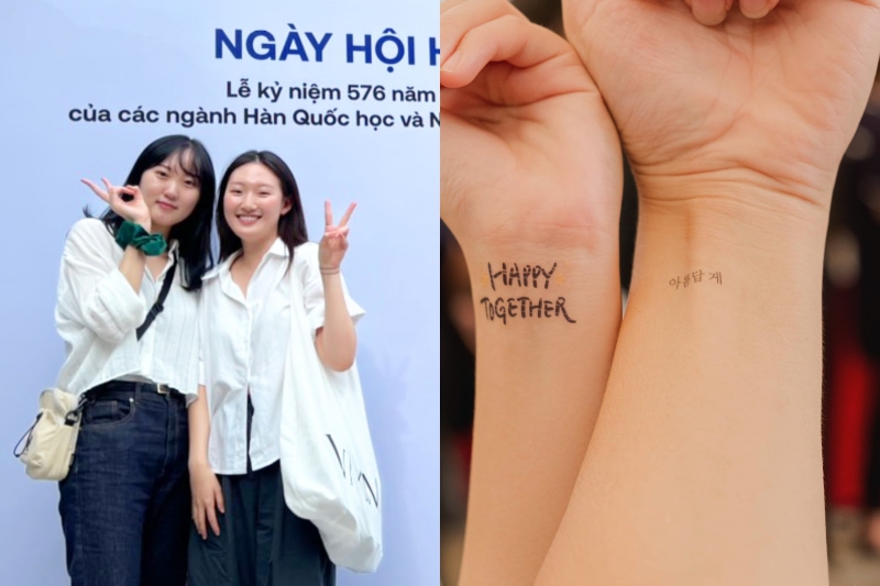 Bạn Yeom Hye Sung (trái) và Park Gyuri (phải) chụp ảnh kỉ niệm tại sự kiện. (Ảnh: Trần Hải Anh, Biên tập: Đặng Xuân Dương)