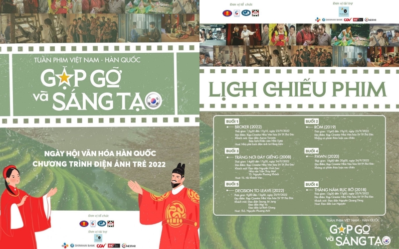 Poster chính thức (trái) và lịch chiếu phim (phải) của chương trình “Tuần phim Việt Nam - Hàn Quốc: Gặp gỡ và Sáng tạo”. (Ảnh: CLB Sân khấu và Điện ảnh trực thuộc Khoa Văn học - ĐH KHXH&NV - ĐHQG HCM)
