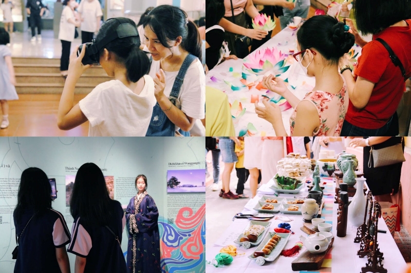 Hình ảnh người tham dự các trải nghiệm trong buổi triển lãm “Baekje & Jeju: Từ Di sản Hàn Quốc đến Di sản Thế giới”. (Ảnh: Hoàng Quỳnh Trang)