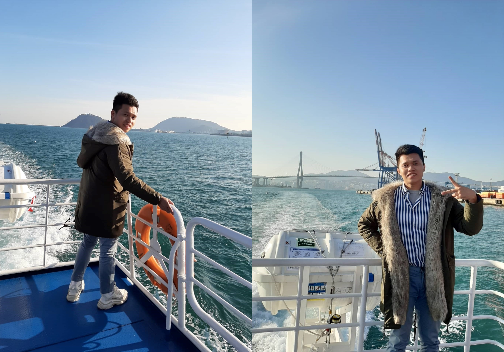 Chụp ảnh khi đi du thuyền ở cảng Busan. (Ảnh: Đào Mạnh Nghĩa)