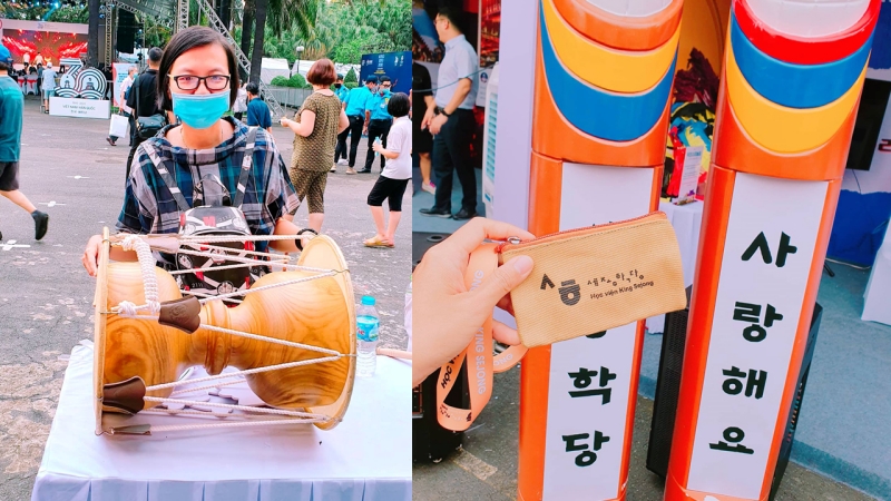 Chơi thử trống Janggu, check-in nhận quà từ Học viện King Sejong. (Ảnh: Vũ Đỗ Hải Hà)