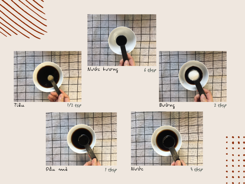 Ta pha nước sốt để ướp thịt. (Ảnh: Lưu Hoàng Nhi)