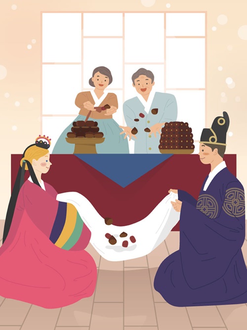 La imagen es una caricatura ilustrada de una ceremonía de matrimonio coreana al estilo antiguo 