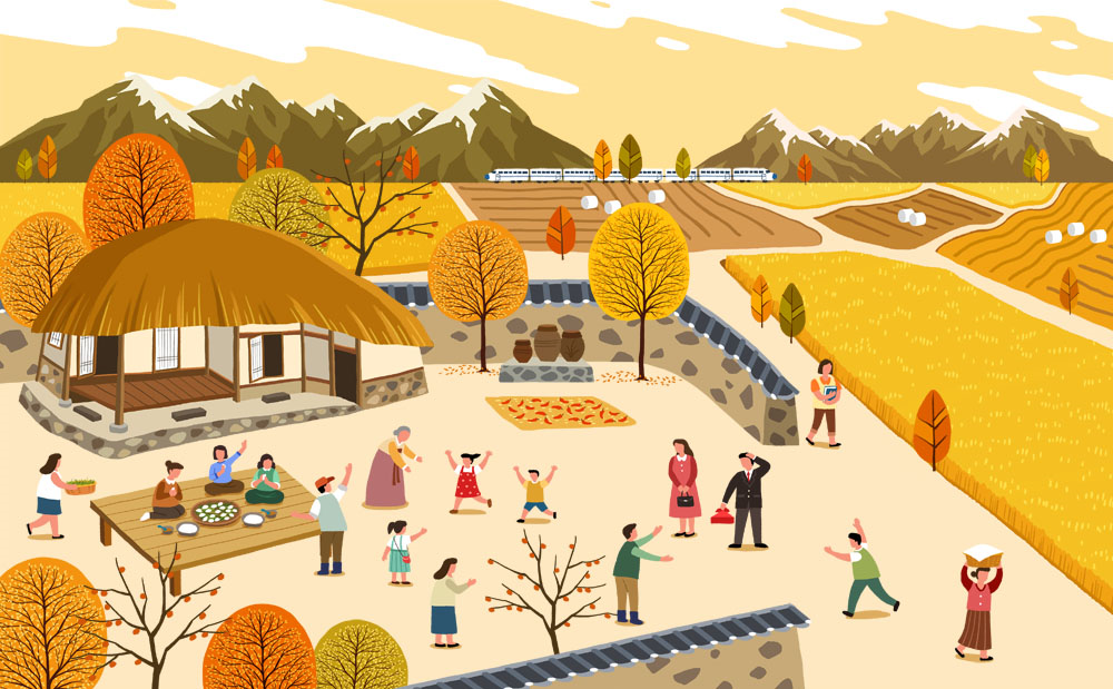 La imagen es una caricatura ilustrada de la forma en la que las familias coreanas celebran el Chuseok y el Año Nuevo Lunar