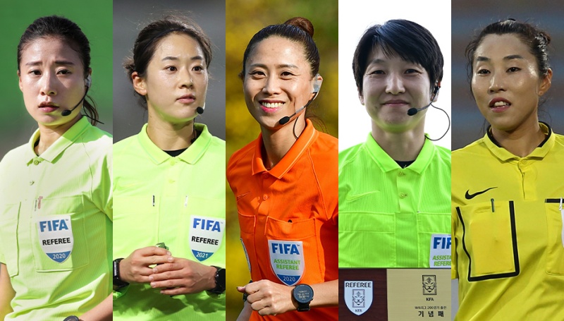 5 nữ trọng tài người Hàn Quốc Oh Hyeonjeong, Kim Yujeong, Kim Kyoung Min, Lee Seul Gi và Park Mi-suk (từ trái sang). (Ảnh: Hiệp hội Bóng đá Hàn Quốc) 