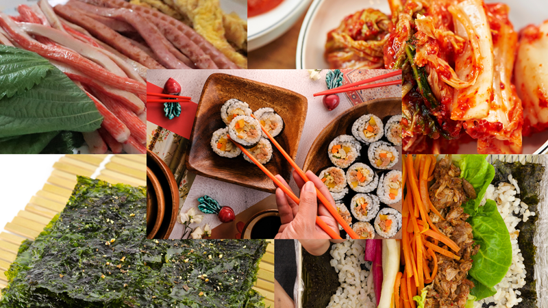 Chúng mình được giới thiệu về Kimbap của Hàn Quốc và những nguyên liệu để tạo ra món ăn này (Ảnh: Canva / Chỉnh sửa: Lê Thị Hạnh)