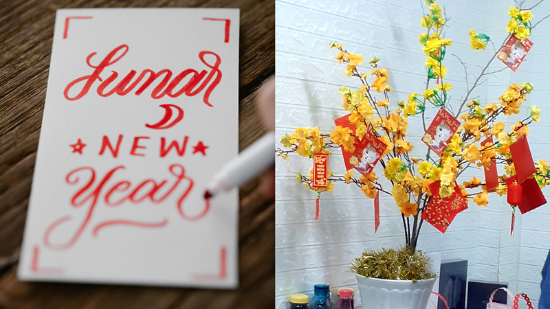 Mọi người cùng viết thiệp mừng năm mới và treo lên cây mai (Ảnh: Canva, Lê Thị Hạnh/Chỉnh sửa: Lê Thị Hạnh)