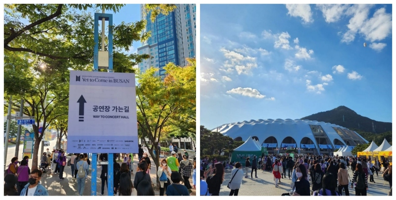 Дорога к стадиону (слева) и стадион Busan Asiad Stadium в Пусане, где проходил концерт BTS «Yet To Come в Пусане». / Фото: Алия Дюсембекова 