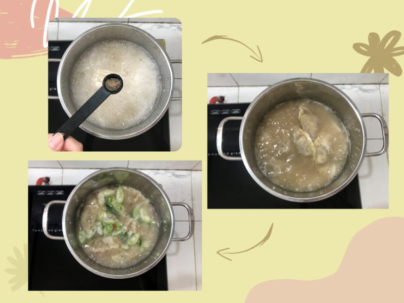 Khi canh sôi trở lại thì ta cho mandu vào nấu thêm một lúc nữa thì tắt bếp. (Ảnh: Lưu Hoàng Nhi) 