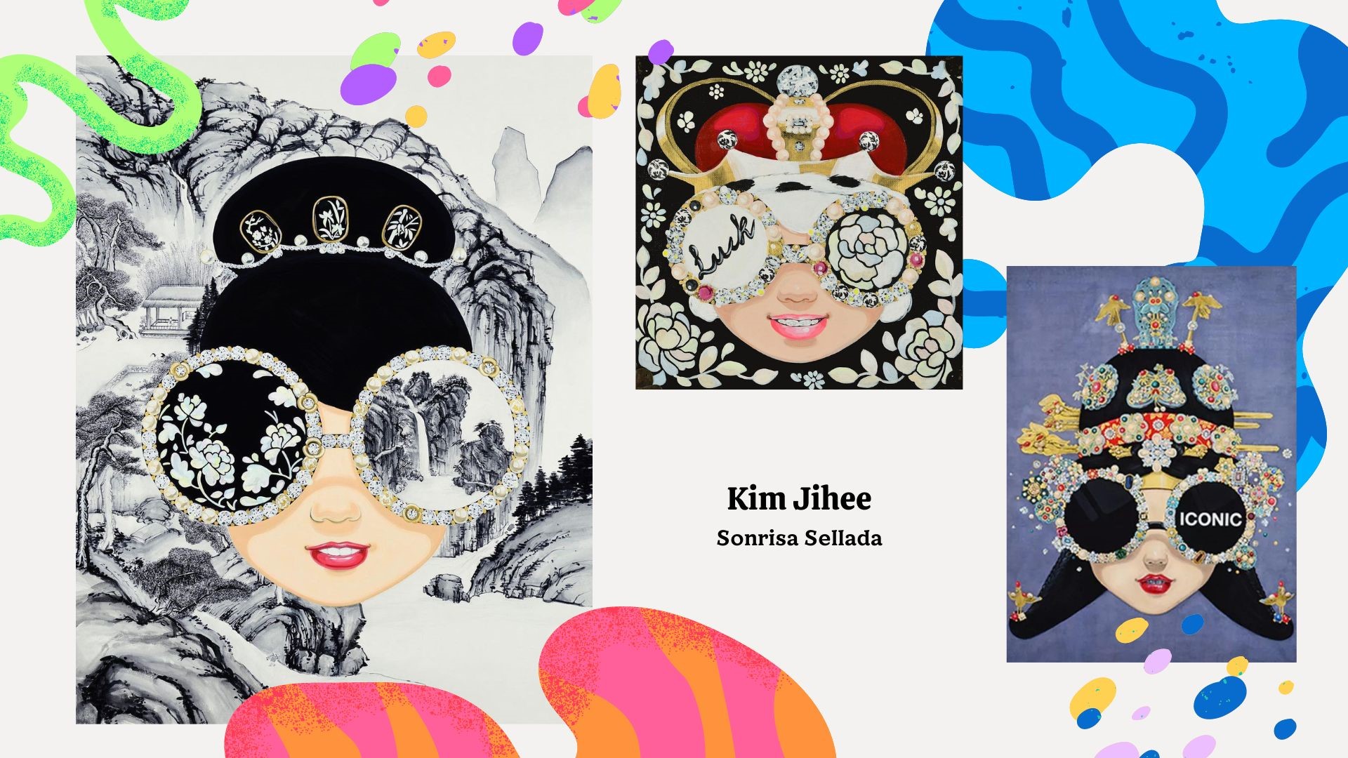 Obras exhibidas en la exposición de Sonrisa sellada de la artista Kim Jihee