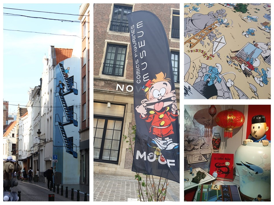 Murales de 'Los Pitufos', 'Tintín', y figuras de los personajes exhibidos en el Museo del Cómic en Bruselas, Bélgica.