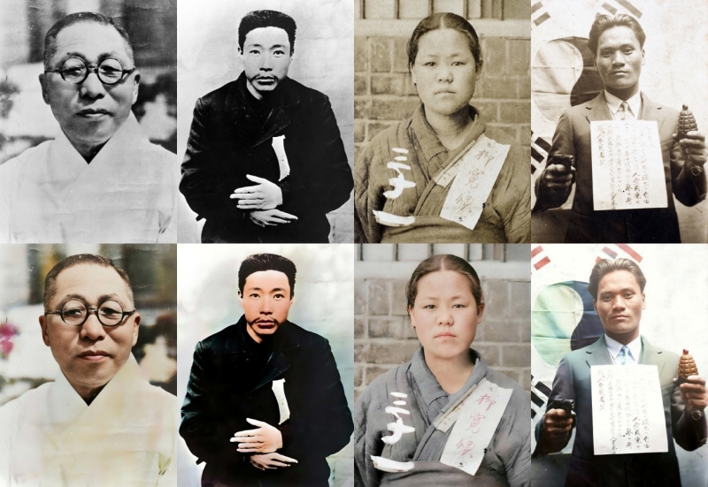 The Ministry of Patriots and Veterans Affairs will release colorized images of black-and-white photos of 15 independence activists on the occasion of the 104th anniversary of the March First Independence Movement. From the left are the black-and-white (top) and colorized photos of Kim Koo, Ahn Jung-geun, Yu Gwan-sun and Yun Bong-gil. (Ministry of Patriots and Veterans Affairs) 