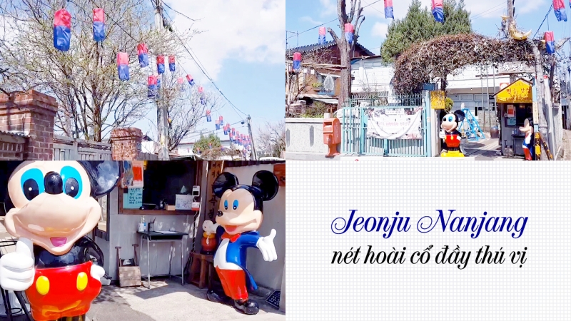 Ngay lối vào Jeonju Nanjang, du khách sẽ bắt gặp những chùm đèn Cheongsachorong truyền thống đẹp mắt và được chào đón bởi linh vật là 2 chú chuột Mickey dễ thương. (Ảnh: Chụp màn hình trên kênh YouTube 써니는맑음sunnyissunny, Biên tập: Vũ Đỗ Hải Hà)