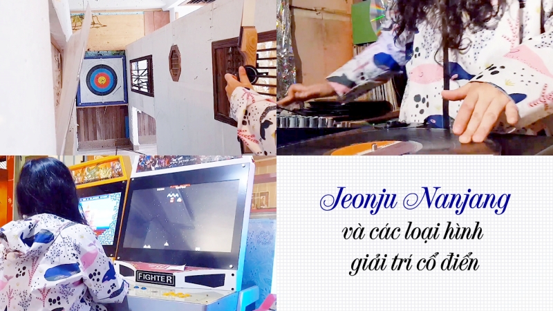 Các loại hình giải trí cổ điển như bắn cung, chơi game arcade, hóa thân thành DJ chỉnh nhạc tại Gogojang,... sẽ mang đến cho du khách những phút giây thư giãn, thoải mái khi ghé thăm Jeonju Nanjang. (Ảnh: Chụp màn hình trên kênh YouTube 써니는맑음sunnyissunny, Biên tập: Vũ Đỗ Hải Hà)